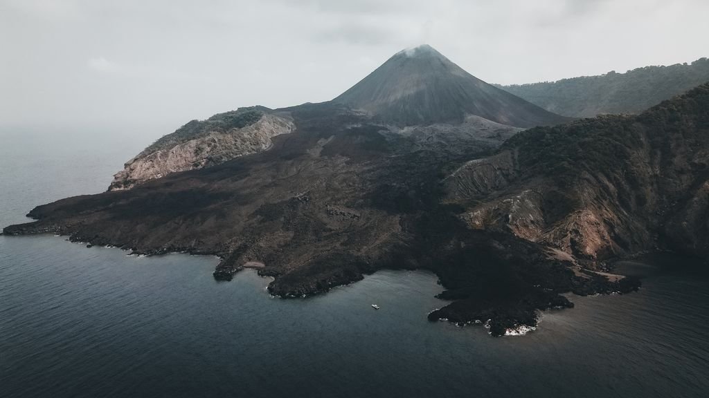 Drone aerial view Volcano Island Andaman Sea active volcano February 2026 French Fisherman Sparidae