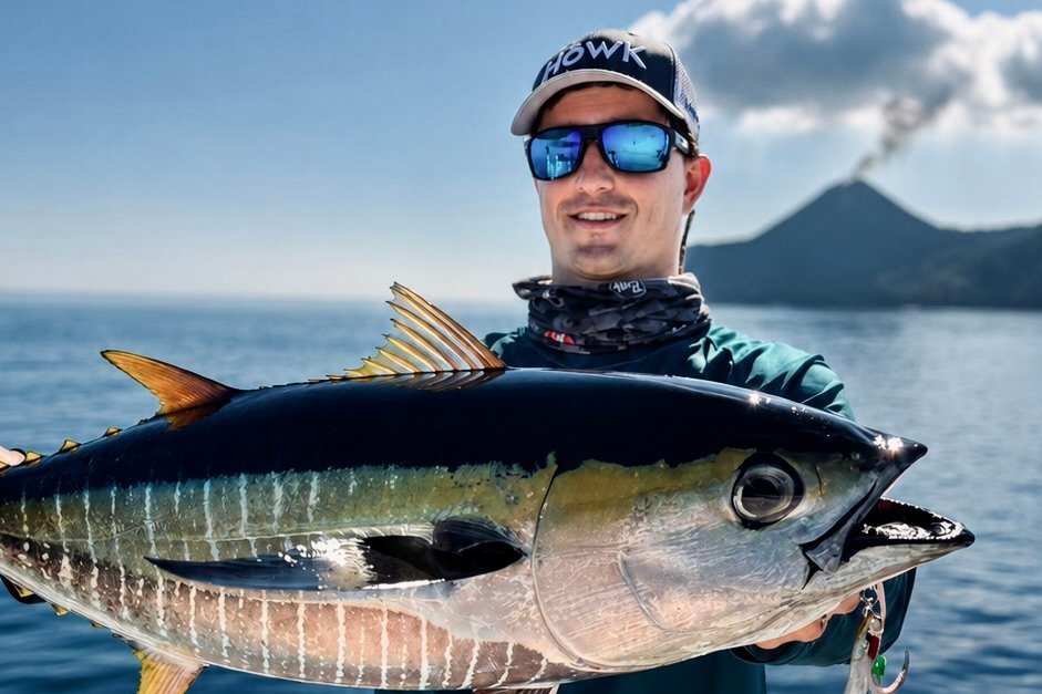 Yellowfin tuna sunny day Volcano Island Andaman Sea April 2026 Sparidae